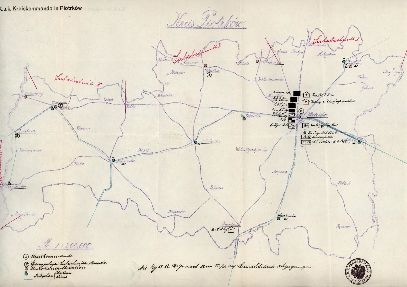 Mapa powiatu piotrkowskiego z okresu okupacji austrowęgierskiej z dyslokacją jednostek wojskowych.